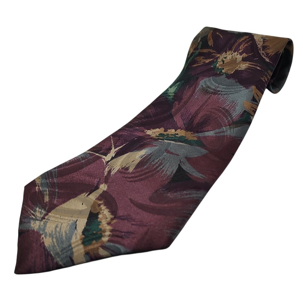 Hastings Bay Abstract Floral Tie Purple Green Polyester Necktie Made in The USA